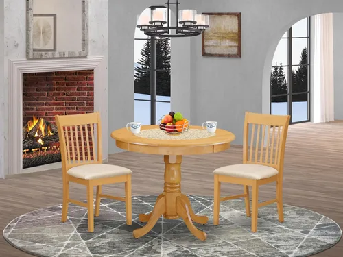 Miniatura 2 de East West Furniture ANNO3-OAK-C - Juego de mesa de cocina de 3 piezas para espacios pequeños contiene una mesa de comedor redonda con pedestal y 2