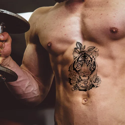 Miniatura 4 de Tatuaje temporal de tigre 3D para hombres y mujeres, gran negro de media manga, realista, animal tigre, tatuaje falso para adultos y adolescentes