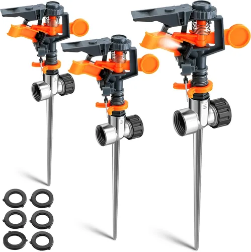 Paquete de 3 rociadores pulsantes con pico de metal, rociadores de impacto giratorios ajustables de 360°, rociadores de cobertura de área grande
