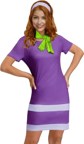 Miniatura 2 de For G and PL Disfraz de Halloween de manga corta para mujer, minivestido morado con bufanda y diadema