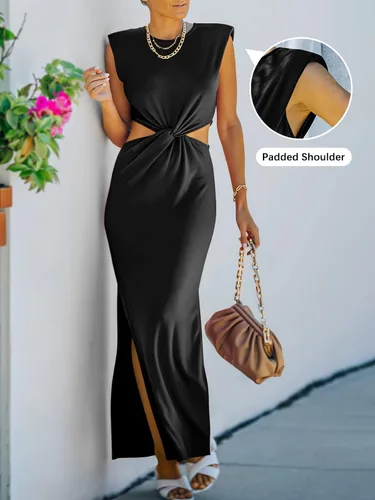 Miniatura 2 de ANRABESS Women Summer Sleeveless Padded Shoulder Sexy Cutout Waist Bodycon Formal Party Maxi Dress with Slit for Cruise Beach