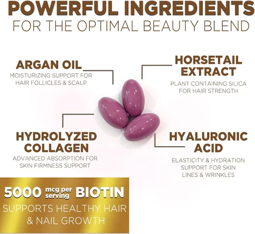 Miniatura 3 de Vitaminas para el cabello, la piel y las uñas, biotina, 5000 mcg por porción, apoyo extra fuerte para el crecimiento del cabello para mujeres