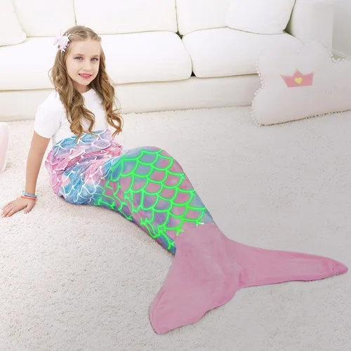WERNNSAI Manta de Cola de Sirena para Niños - Manta Ponible de Sirena que Brilla en la Oscuridad para Niñas de Invierno Franela Suave con Escamas