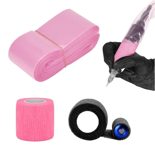 ATOMUS 100 fundas de cordón con clip de tatuaje con 2 piezas de vendaje autoadhesivo, bolsas de plástico desechables, bolsa para bolígrafo de Rosado