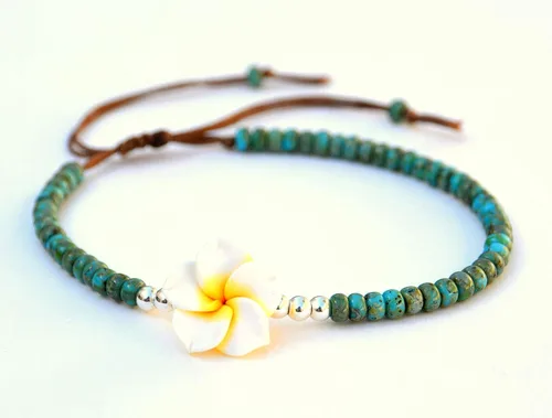 Miniatura 6 de Boho Beaded Anklet for Women and Teen Girls, Unique Bohemian Turquoise and Sterling Silver Beaded Anklet with Hawaii Hawaiian Plumeria Flower