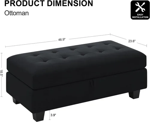 Miniatura 2 de Belffin Banco otomano rectangular de gran tamaño con almacenamiento, reposapiés tapizado de terciopelo para sala de estar y dormitorio (negro)