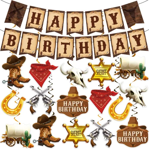 Decoraciones de fiesta de vaquero, decoraciones de fiesta temática de vaquero incluyen pancartas de feliz cumpleaños de vaquero occidental y