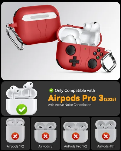 Miniatura 2 de Funda de Juego para AirPods Pro 3 (2025), Funda Protectora de Silicona Anti-Choque Divertida y Clásica para AirPods Pro 3 con Kit Limpiador y A5-rojo