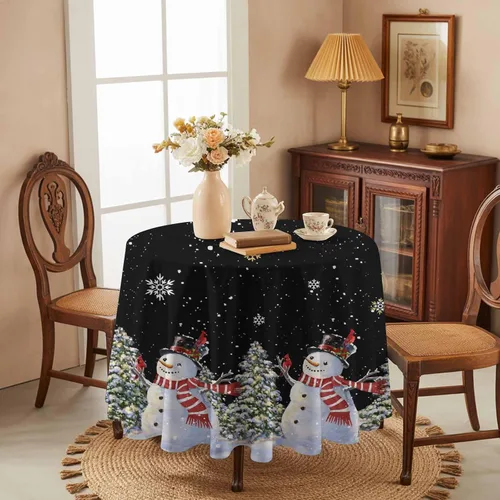 Miniatura 4 de Mantel redondo negro de Navidad, impermeable y resistente a las manchas, mantel lavable sin arrugas para comedor, fiesta, boda, muñeco de nieve