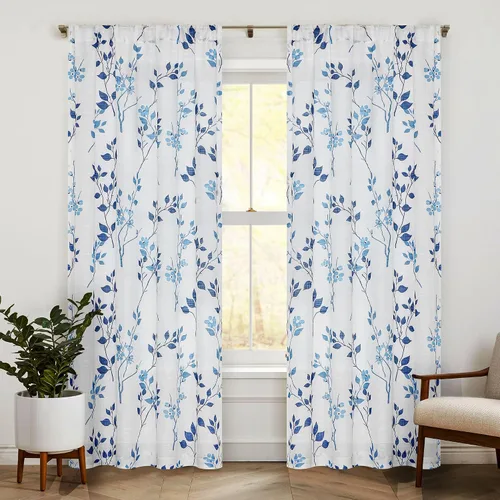 Miniatura 9 de Beauoop 2 paneles de cortinas semitraslúcidas de lino floral de 54 pulgadas de largo, para sala de estar o dormitorio, cortinas rústicas con textura