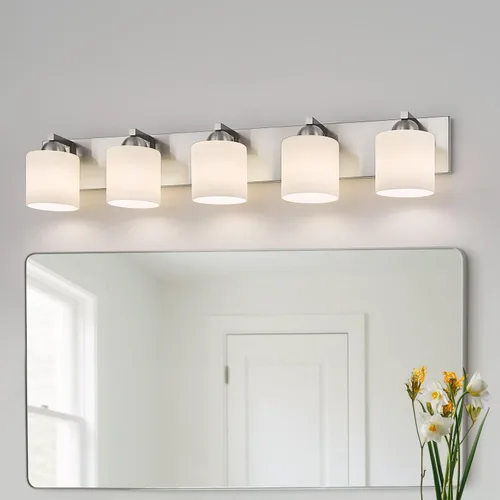 Miniatura 16 de mirrea Lámpara de tocador negra de 1 luz para espejo, aplique de pared de baño con pantallas de vidrio blanco esmerilado