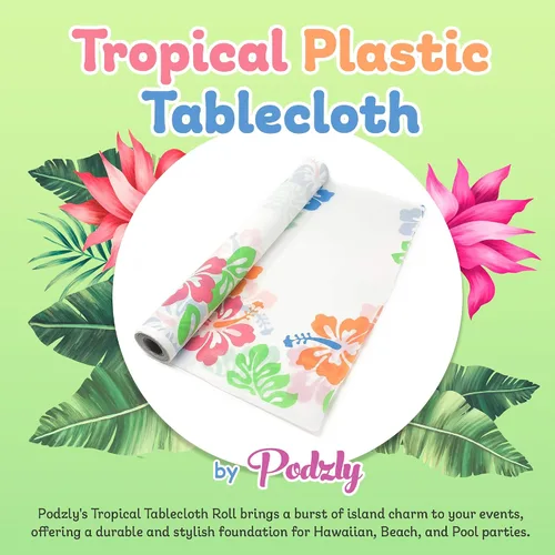 Miniatura 2 de Podzly Rollo de mantel tropical – Funda desechable de plástico de 100 pies para fiestas hawaianas, Luau, Tiki, Aloha, verano. Duradero, impermeable
