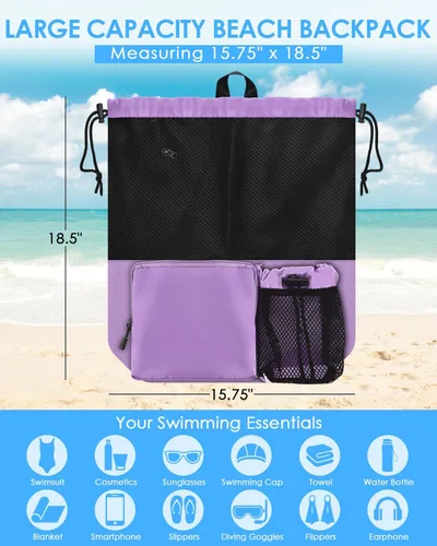 Miniatura 4 de BROTOU Mochila de playa para natación con bolsillo húmedo de malla y cordón, bolsas para nadar, gimnasio Púrpura
