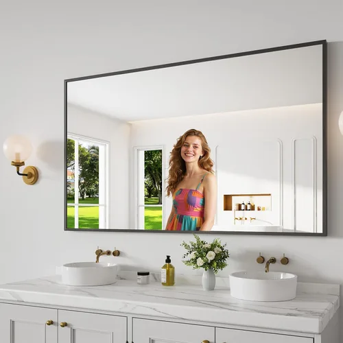 Miniatura 32 de Koonmi Espejo de baño, 30 x 30 pulgadas, espejo con marco de metal negro para baño, vidrio templado, antioxidante, espejo rectangular redondeado