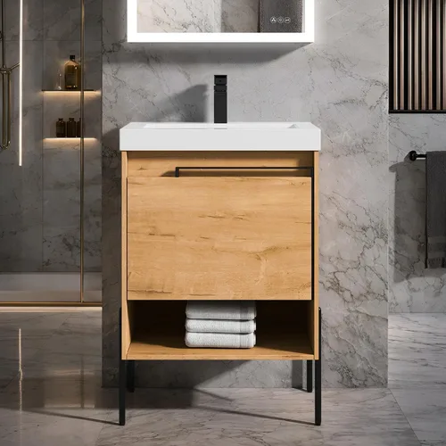 Blossom Turin - Mueble de baño de roble Classik de 24 pulgadas con fregadero acrílico, gabinete independiente minimalista de madera, diseño moderno