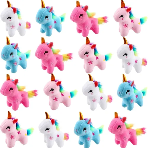Paquete de 16 mini juguetes de unicornio de peluche, pequeño unicornio de peluche, lindo llavero de peluche, juguetes a granel para Navidad,