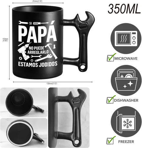 Miniatura 2 de LOZACHE Taza genial para papá - Si papá no puede arreglarlo... - Regalo original del día del padre - 350 ml - Taza negra con asa en forma de llave
