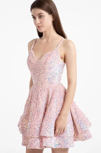 Miniatura 9 de Vestidos de fiesta de lentejuelas para adolescentes, vestido corto de graduación 2024 con cuello en V brillante, vestido formal de fiesta de cóctel