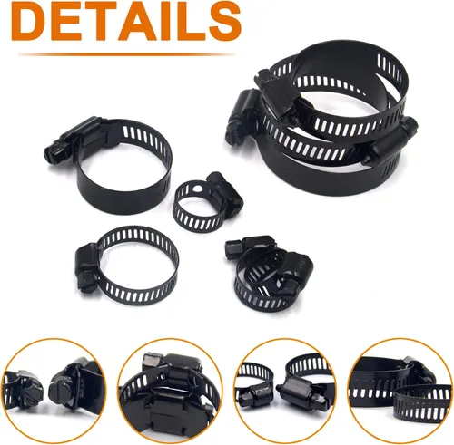 Miniatura 4 de ISPINNER 80pcs 8 tamaños de acero inoxidable ajustable 0.236-2.008 in rango tornillo sin fin abrazadera manguera kit surtido (negro)