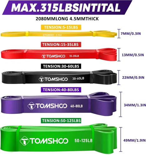 Miniatura 2 de TOMSHOO Paquete de 5 bandas de asistencia para dominadas, bandas de resistencia con correas y anclaje de puerta, bandas elásticas, bandas