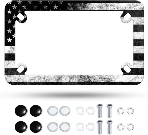 Marco de matrícula de motocicleta con bandera americana retro en negro y blanco, marco de placa de matrícula de acero inoxidable, divertido soporte