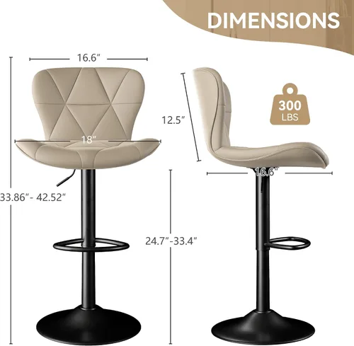 Miniatura 5 de Juego de 2 taburetes de bar, taburetes de bar giratorios ajustables, sillas de bar de piel sintética, altura de encimera tapizada con respaldo alto