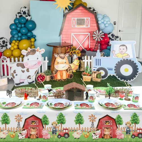 Miniatura 7 de Mantel rectangular de plástico de 3 piezas de 54 x 108 pulgadas, suministros de fiesta de cumpleaños de granero, decoración para baby shower, niños