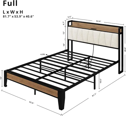 Miniatura 104 de LIKIMIO Base de cama Queen, cabecera de almacenamiento con estación de carga, sólida y estable, sin ruido, no necesita somier, fácil montaje Vintage