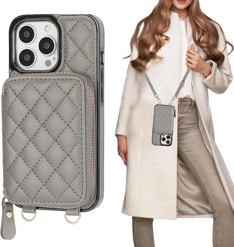 Miniatura 9 de Bocasal Funda tipo cartera cruzada para iPhone 13 Pro, con bloqueo RFID, de piel sintética, con cremallera, funda tipo cartera con función atril