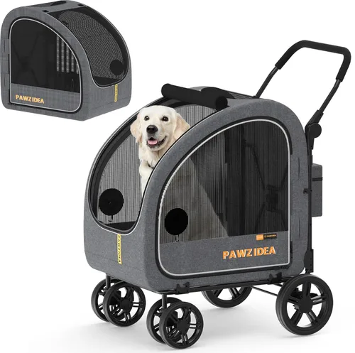 Miniatura 12 de PAWZIDEA Cochecito de perro 3 en 1 para perros grandes con transportador desmontable de hasta 100 libras, 45% extra alto para perros, jaula de auto
