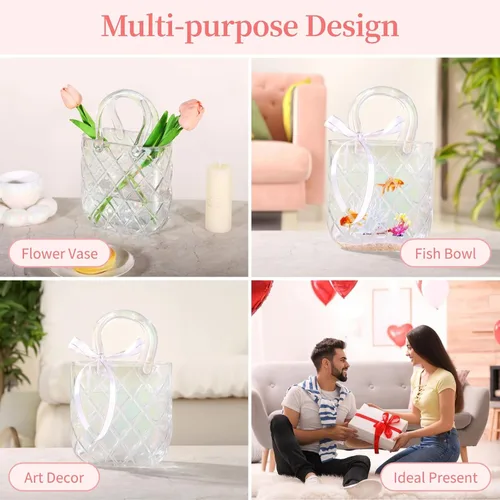 Miniatura 6 de Glass Handbag Vase For Flowers, Iridescent Decorative Glass Centerpiece With Handle, Unique Flower Holder For Table Décor