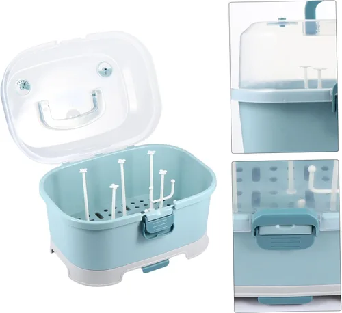 Miniatura 4 de NUOBESTY Estante de secado de biberones con tapa, caja de almacenamiento portátil para biberones, organizador de vajilla para el hogar, cocina, Azul