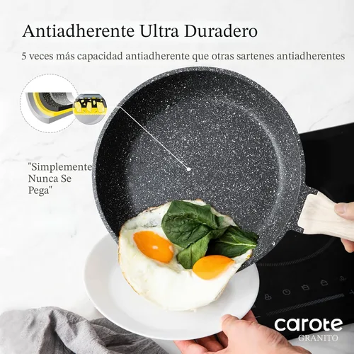 Miniatura 3 de CAROTE - Sartén antiadherente de 8 pulgadas con tapa de vidrio, sartén para huevos y tortillas, utensilios de cocina de granito, libre de PFOA