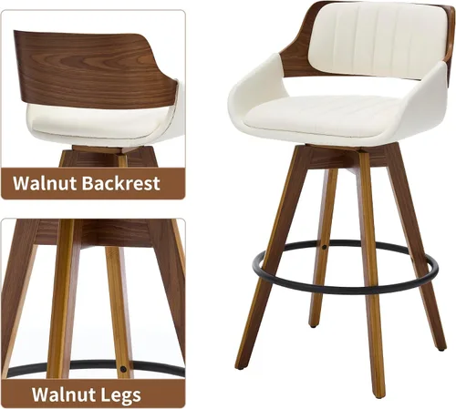 Miniatura 5 de VipDesk Juego de 2 taburetes de bar giratorios, taburetes de bar de altura de mostrador de nogal con respaldo y brazos, sillas de bar tapizadas