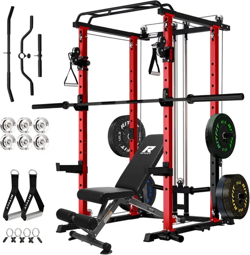 Miniatura 11 de RitFit El paquete multifunción de garaje y gimnasio en casa incluye jaula de potencia de 1200 libras PPC03/P3 con sistema de cruce de cables, banco