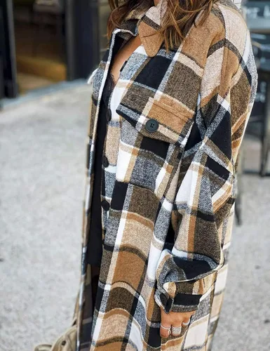 Miniatura 7 de Omoone - Chaqueta de manga larga con botones para mujer diseño a cuadros de ajuste holgado