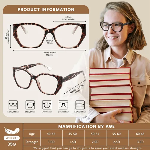 Miniatura 5 de JiSoo Gafas de lectura de ojo de gato de gran tamaño para mujer, elegantes lentes de lectura grandes para mujer con 2
