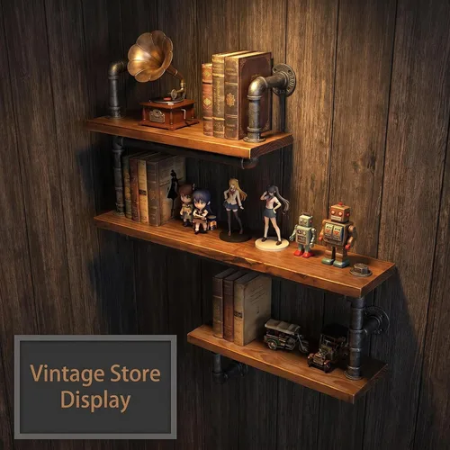 Miniatura 9 de Estantería de tubo industrial Pipe, madera moderna rústica, 3 estantes de pared de tubos escalonados, tubo de hierro forjado, estantería de diseño