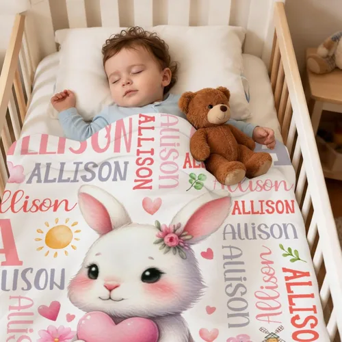 Miniatura 2 de Manta de bebé personalizada de conejo, regalos personalizados de conejito para niños y niñas, ultra suave, afelpada, acogedora y transpirable, manta