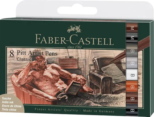 Faber-Castell Art & Graphic Pitt Artist Pen Brush India Ink Pen, Classic, Wallet Of 8, Para Arte, Manualidad, Dibujo, Bocetos, Hogar, Escuela,