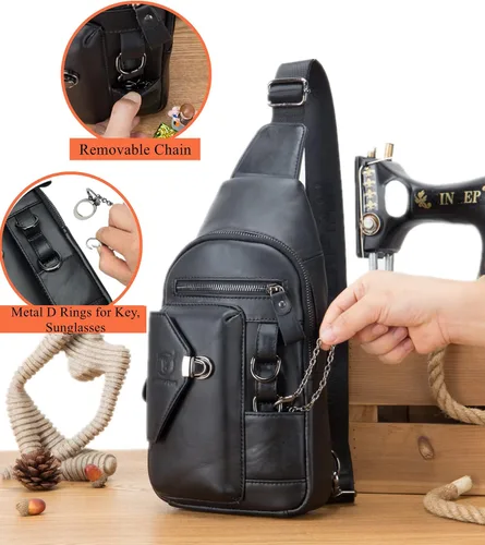 Miniatura 4 de BULLCAPTAIN Bolso bandolera de cuero genuino para hombre bandolera con soporte para teléfono celular cadena en el pecho mochila de hombro XB-520 M