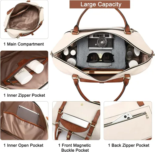 Miniatura 4 de CLUCI Bolsa de fin de semana para mujer, de cuero, grande, con compartimento para zapatos, Beige con marrón.