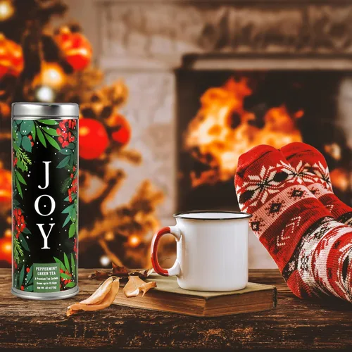 Miniatura 8 de Caja de regalo de té navideño Peace, Love and Joy, 1 lata de té verde de menta, 1 lata de té chai descafeinado y 2 agitadores de miel, bolsas de té