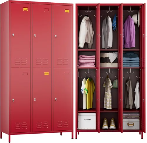 Miniatura 8 de SUPEER Casillero de Metal de 6 Puertas para Empleados con Soporte para Tarjetas de Visita y 18 Ganchos, Casillero de Metal para Empleados con Rojo