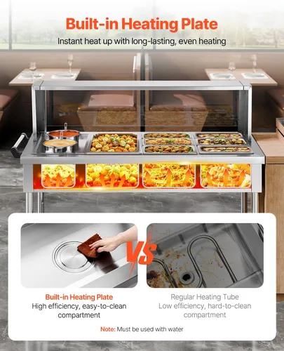 Miniatura 2 de VEVOR Calentador de alimentos comercial, 7 bandejas + 2 ollas, mesa de vapor eléctrica, 1800 W, calentador de alimentos profesional para catering