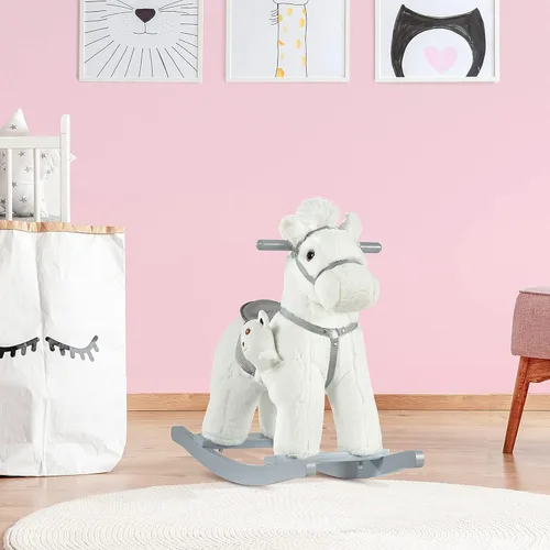 Miniatura 2 de Qaba Caballo Mecedor Montable de Peluche para Niños con Juguete de Oso, Silla para Niños con Juguete de Peluche Suave y Divertidos Sonidos Blanco