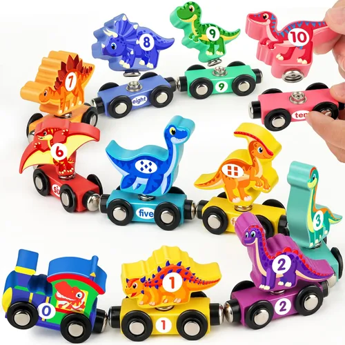 Vanmor Juego de tren de dinosaurio de madera para niños pequeños, juguetes magnéticos de dinosaurios y tren de números, perfecto para actividades de