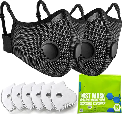 Miniatura 9 de BASE CAMP Máscara de polvo M Plus de plata y negro, con 6 filtros de carbón activado, reutilizable, máscara facial con respirador, máscaras
