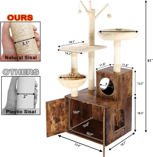 Miniatura 4 de Timberer Árbol para gatos con torre y caja de arena, refugio para gatos de madera 2-en-1 con poste de rascar de sisal, hamaca, marrón