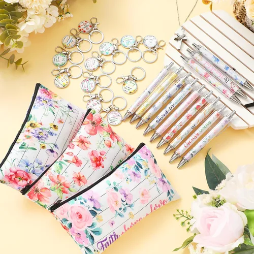 Miniatura 7 de 36 piezas de regalos cristianos para mujeres a granel, bolsas de maquillaje cristianas, llavero religioso, bolígrafos con versículos bíblicos, citas
